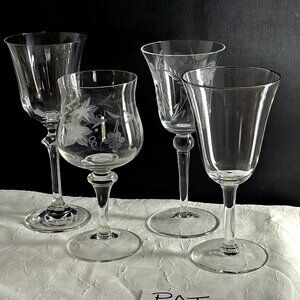 4 Mismatched Wine Cocktail Glasses vtg mixed silver rim etch glassware party  #P